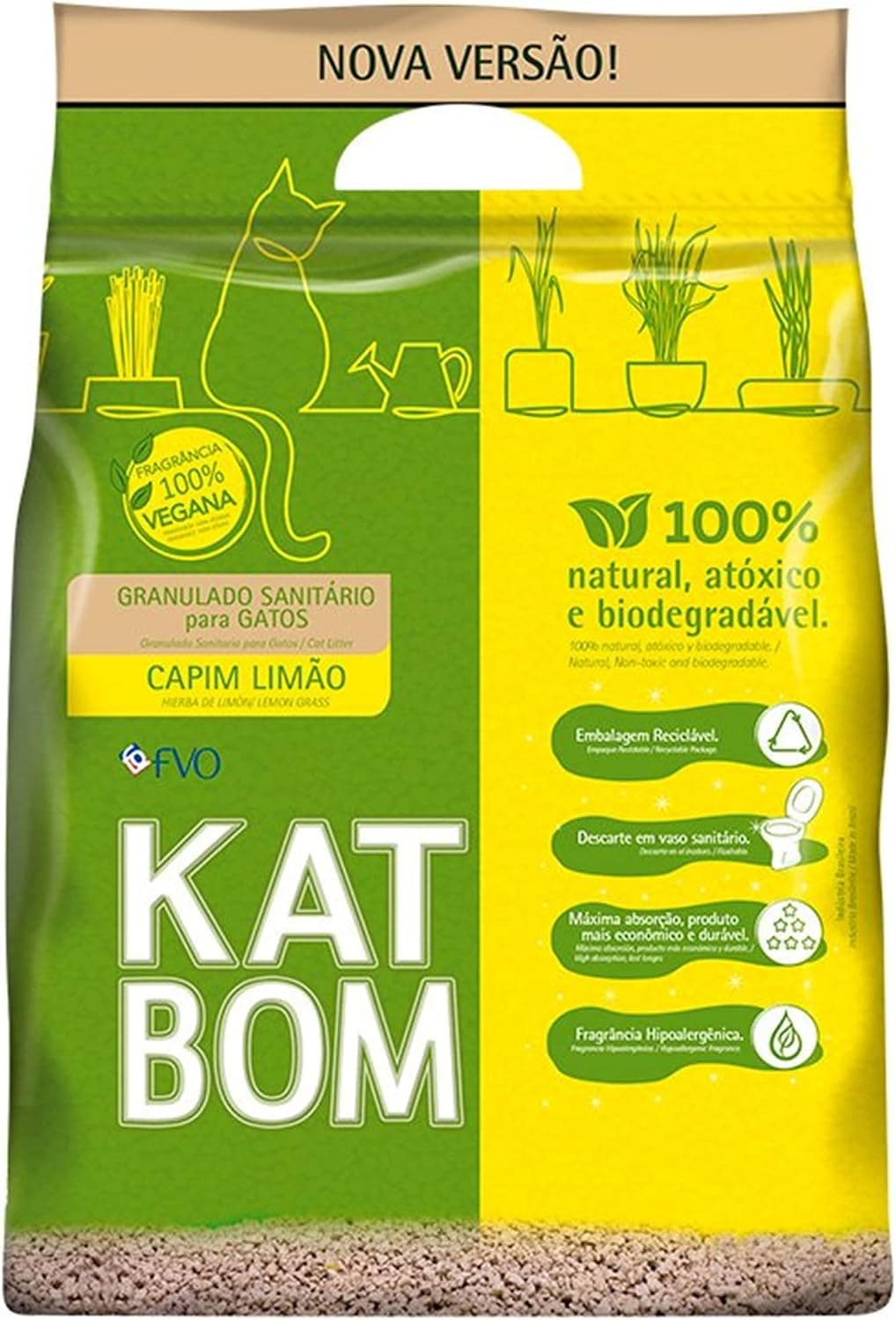 Embalagem de 3 kg do granulado sanitário KatBom com fragrância de capim-limão