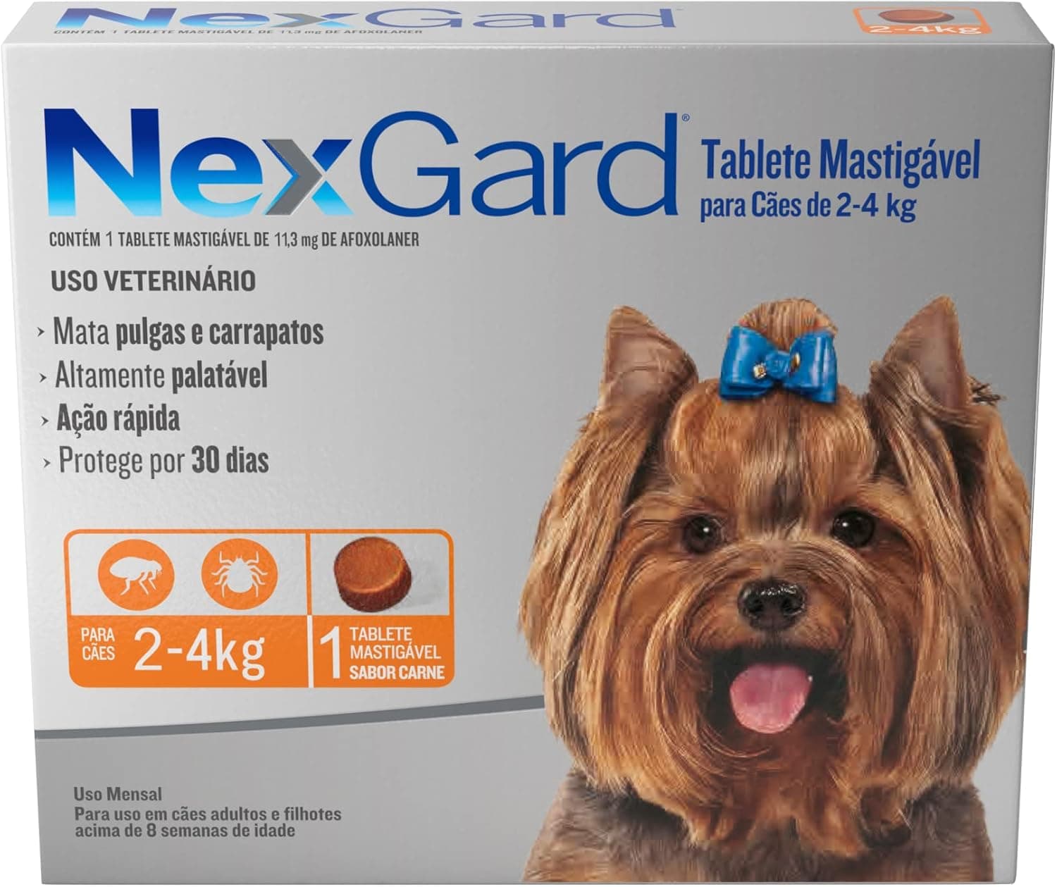 Embalagem do NexGard antipulgas e carrapatos para cães de 2 a 4 kg, caixa com 1 tablete