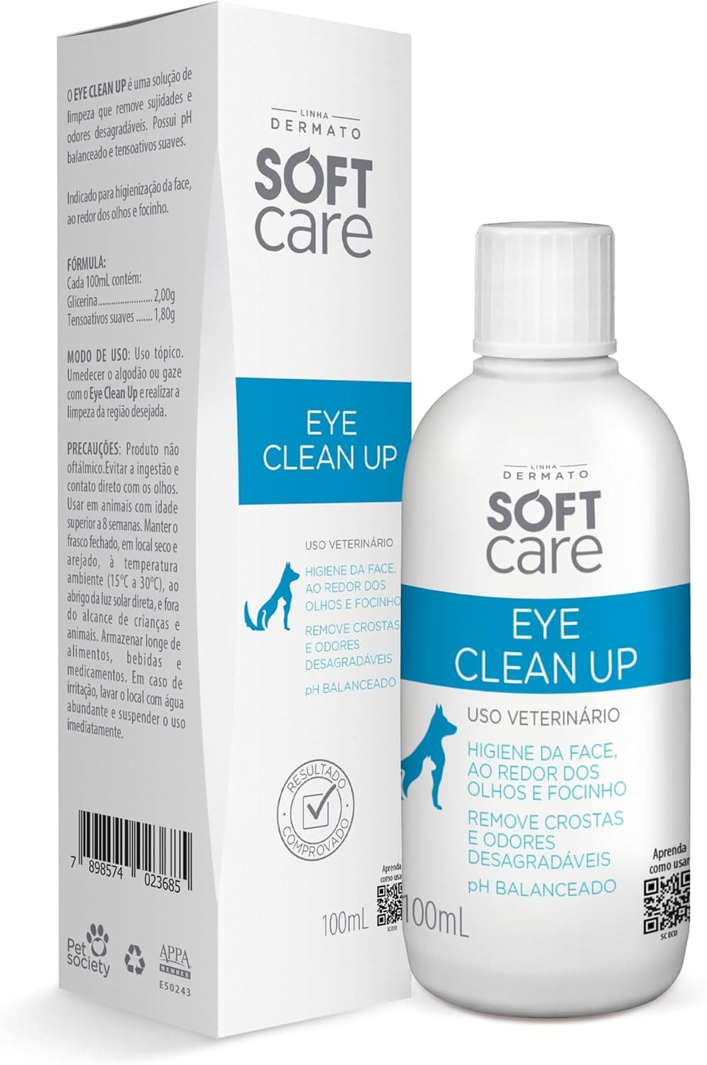 Frasco de 100 ml do Eye Clean Up Pet Society, solução de limpeza para a região dos olhos de cães e gatos