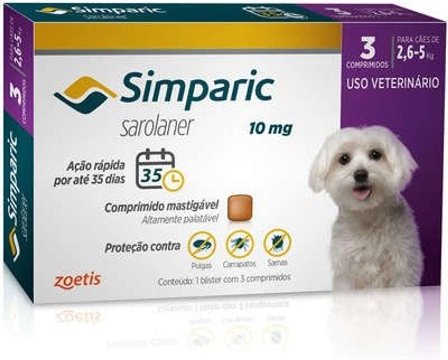 Embalagem do Simparic 10 mg para cães de 2,6 a 5 kg com 3 comprimidos